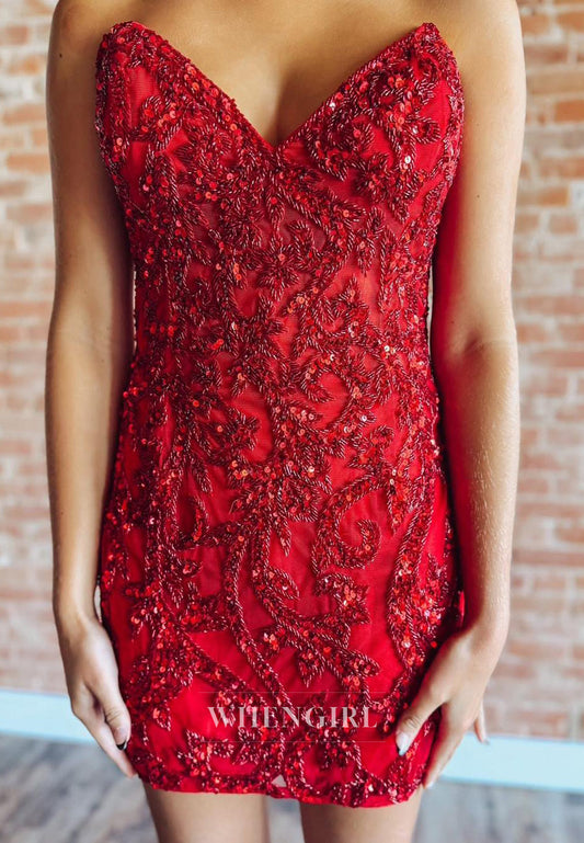 Red Sheath V Neck Sleeveless Lace Up Beaded Short Homecoming Dress