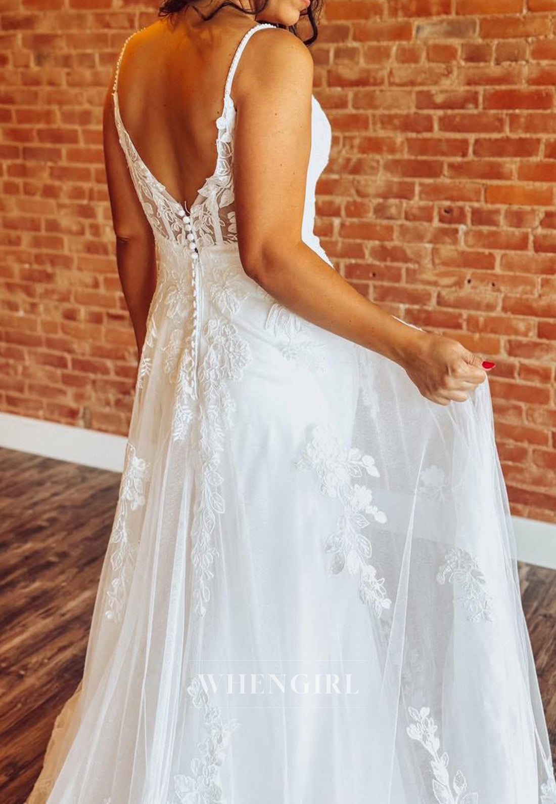 V Neck Sleeveless A-Line Appliqued Lace Sweep Train Wedding Dress