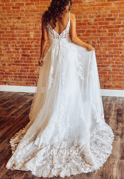 V Neck Sleeveless A-Line Appliqued Lace Sweep Train Wedding Dress