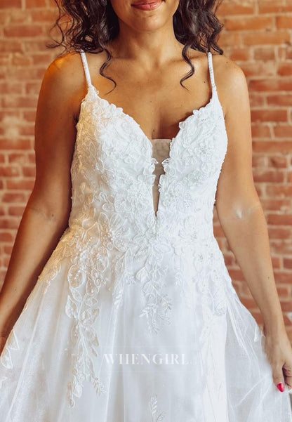 V Neck Sleeveless A-Line Appliqued Lace Sweep Train Wedding Dress