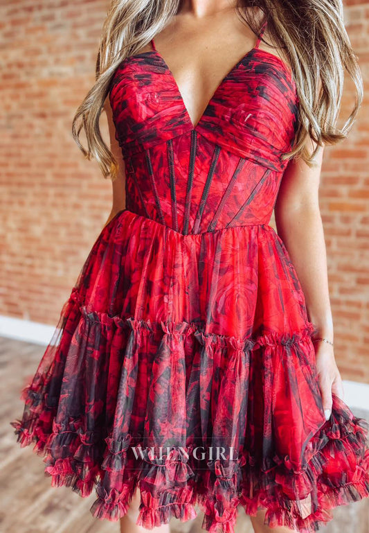 A-Line V Neck Sleeveless Printed Lace Up Short Homecoming Dress
