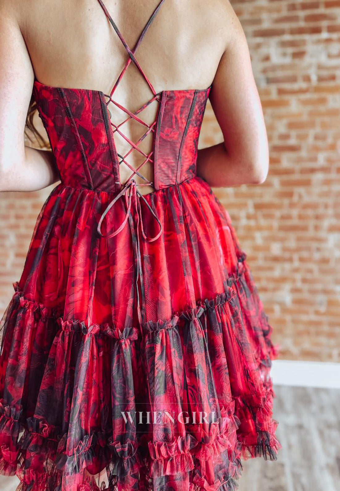 A-Line V Neck Sleeveless Printed Lace Up Short Homecoming Dress