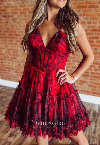 A-Line V Neck Sleeveless Printed Lace Up Short Homecoming Dress