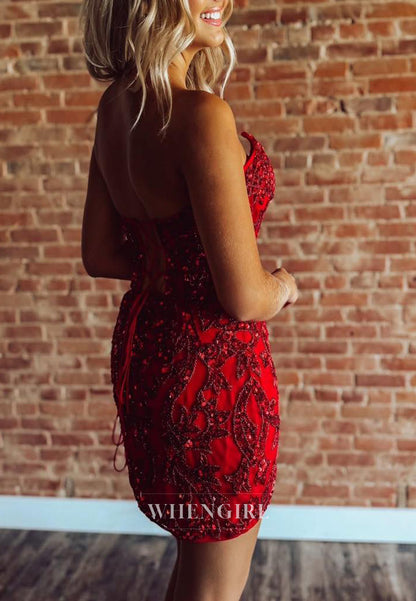 Red Sheath V Neck Sleeveless Lace Up Beaded Short Homecoming Dress