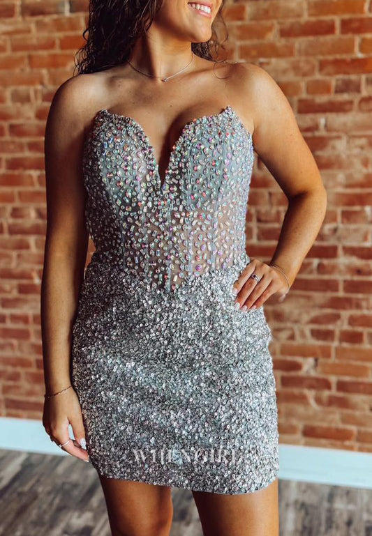 Gray Sweetheart Sleeveless Beaded Sheath Short Homecoming Dress