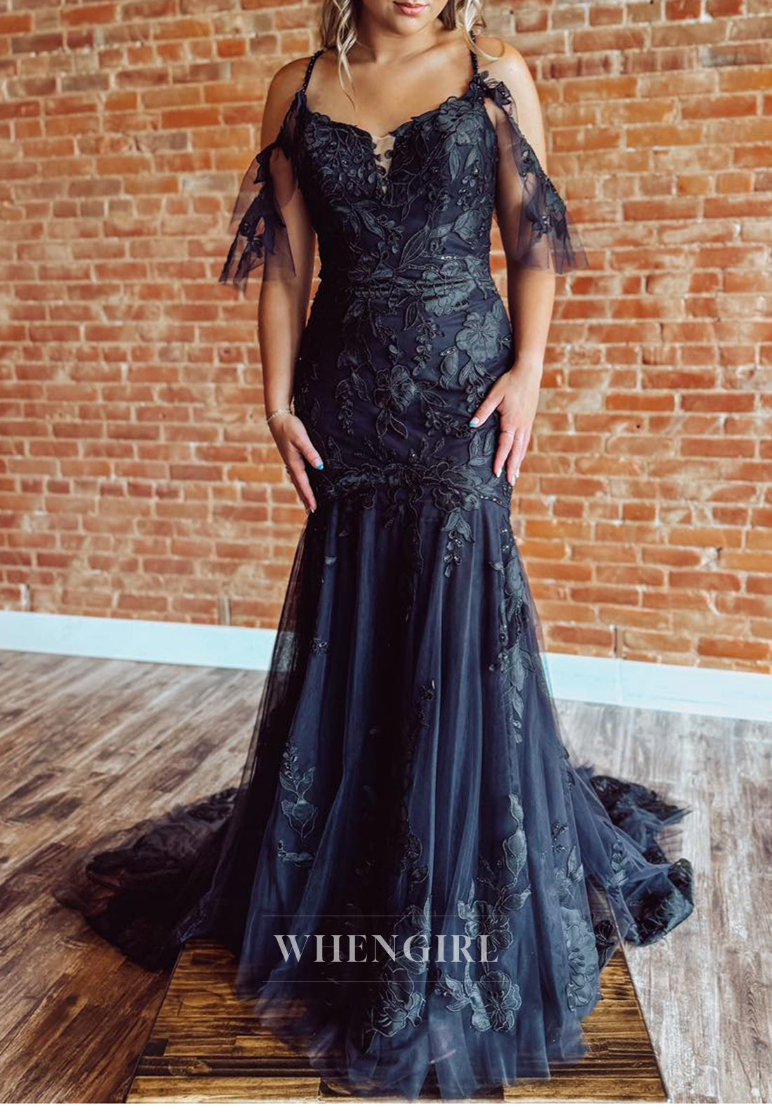 Black V Neck Appliqued Lace Mermaid Sweep Train Wedding Dress