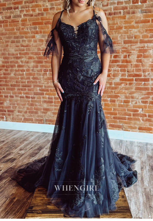 Black V Neck Appliqued Lace Mermaid Sweep Train Wedding Dress