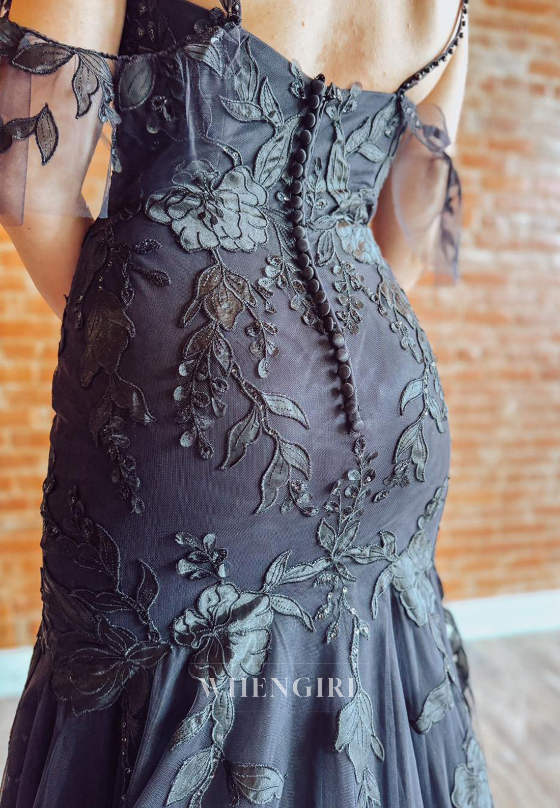 Black V Neck Appliqued Lace Mermaid Sweep Train Wedding Dress