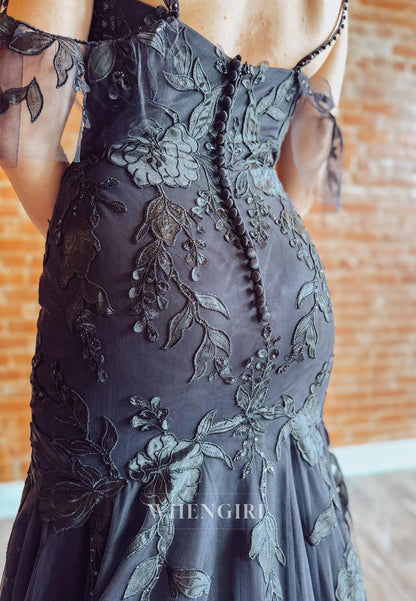 Black V Neck Appliqued Lace Mermaid Sweep Train Wedding Dress