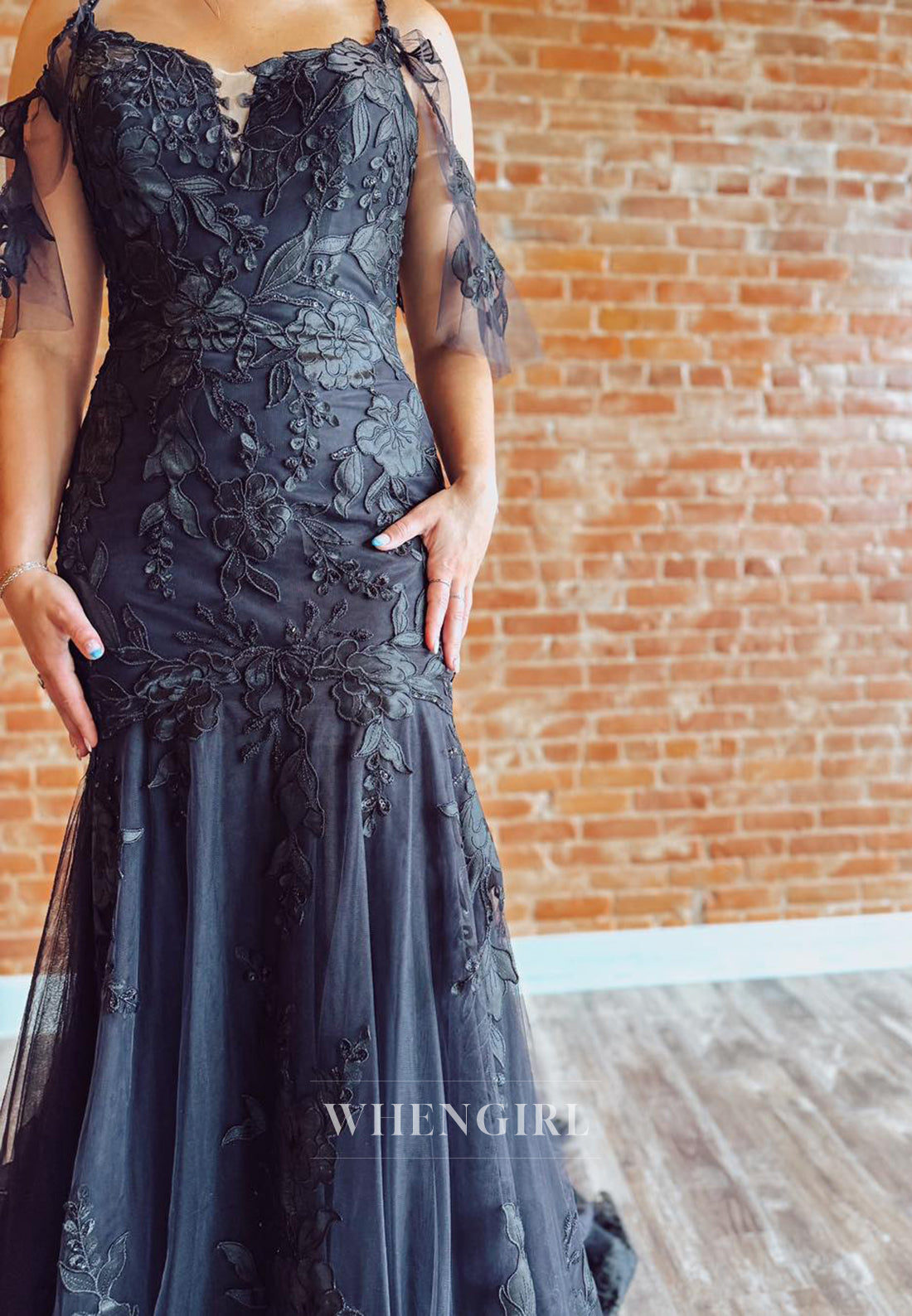 Black V Neck Appliqued Lace Mermaid Sweep Train Wedding Dress