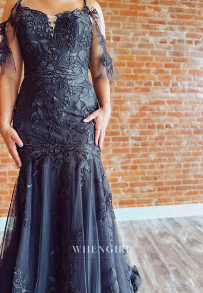 Black V Neck Appliqued Lace Mermaid Sweep Train Wedding Dress
