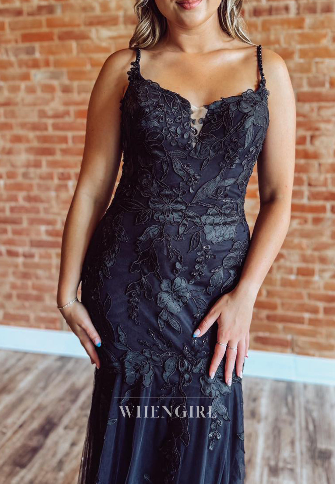 Black V Neck Appliqued Lace Mermaid Sweep Train Wedding Dress