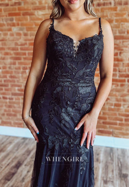 Black V Neck Appliqued Lace Mermaid Sweep Train Wedding Dress
