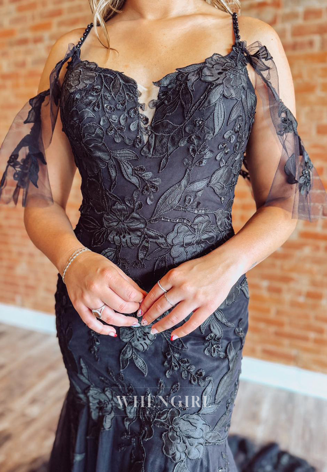 Black V Neck Appliqued Lace Mermaid Sweep Train Wedding Dress
