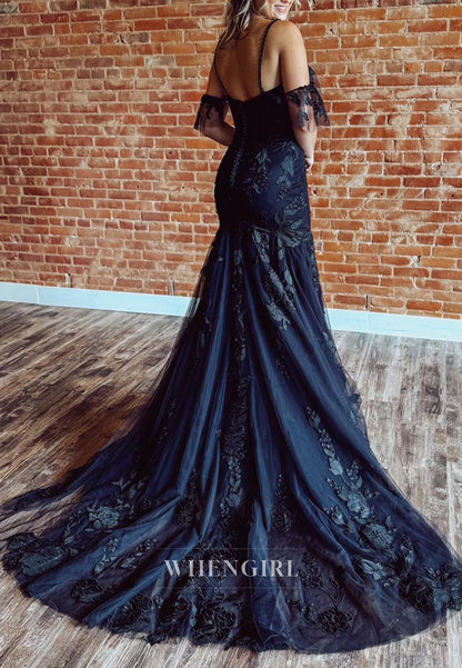 Black V Neck Appliqued Lace Mermaid Sweep Train Wedding Dress