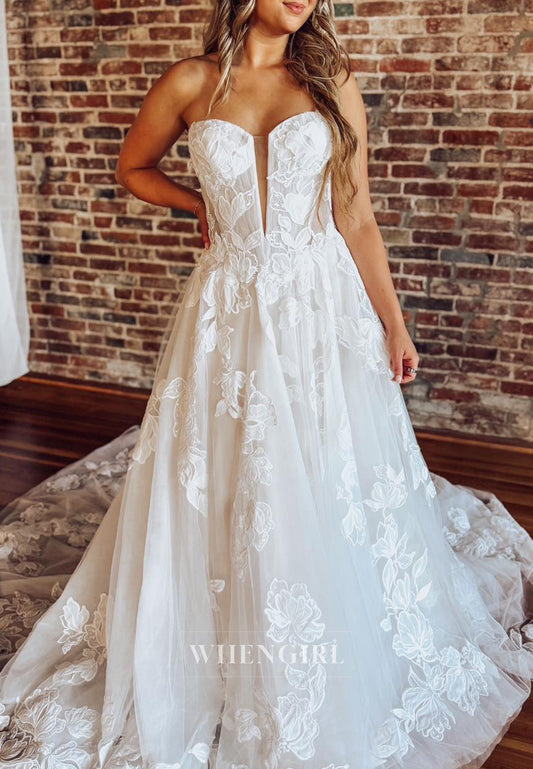 A-Line V Neck Sleeveless Strapless Lace Embroidered Court Train Wedding Dress