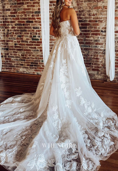 A-Line V Neck Sleeveless Strapless Lace Embroidered Court Train Wedding Dress