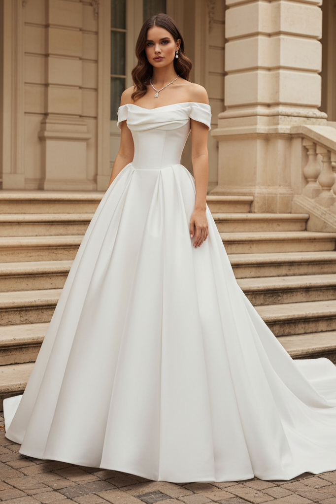 Classic Off Shoulder Court Train Satin Wedding Dress