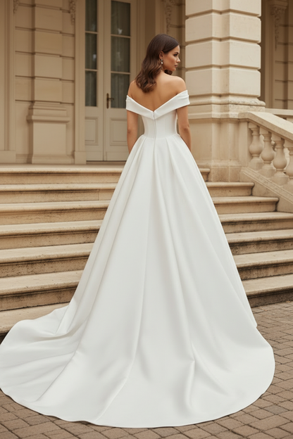 Classic Off Shoulder Court Train Satin Wedding Dress