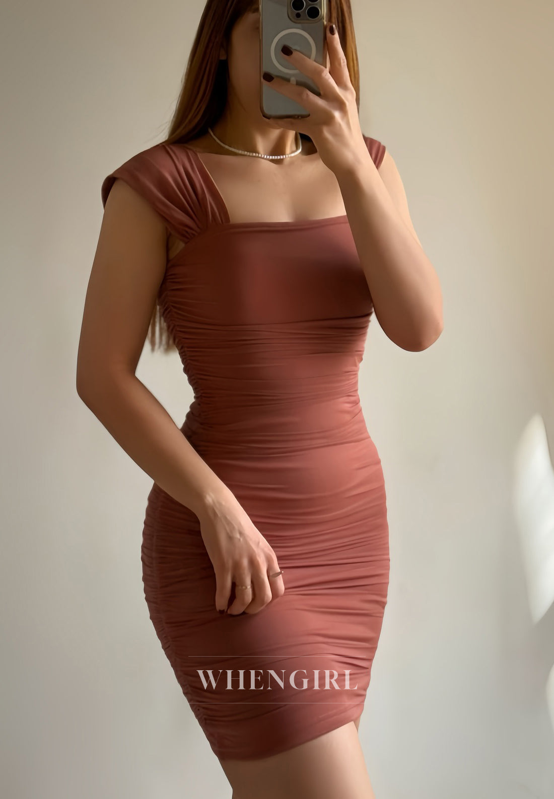 Puce Pink Sheath Cap Sleeves Square Neck Homecoming Dress