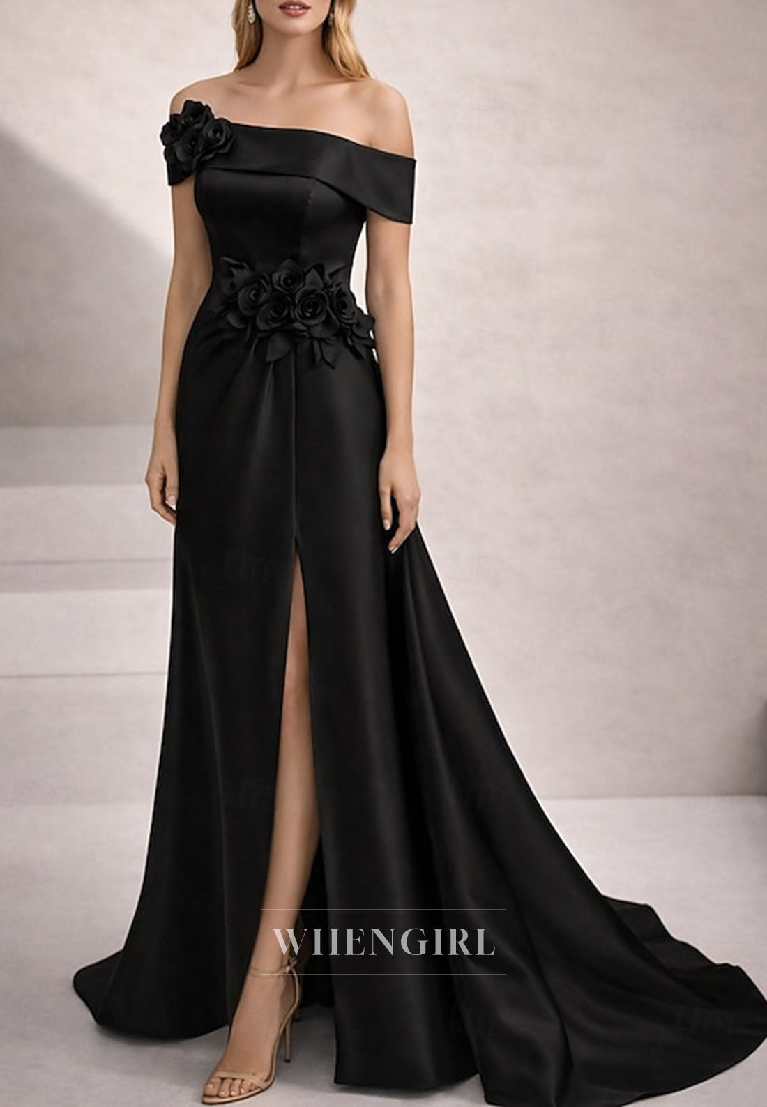 Trumpet Off Shoulder Slit Flowers Slit Satin Mother of the Bride Dress