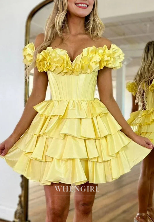 Daffodil Sweetheart Off Shoulder Tiered Lace Up A-Line Homecoming Dress