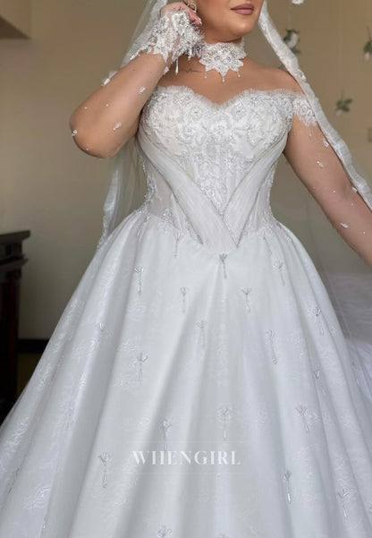 Sweetheart Long Sleeves Beaded Lace A-Line Long Wedding Dress
