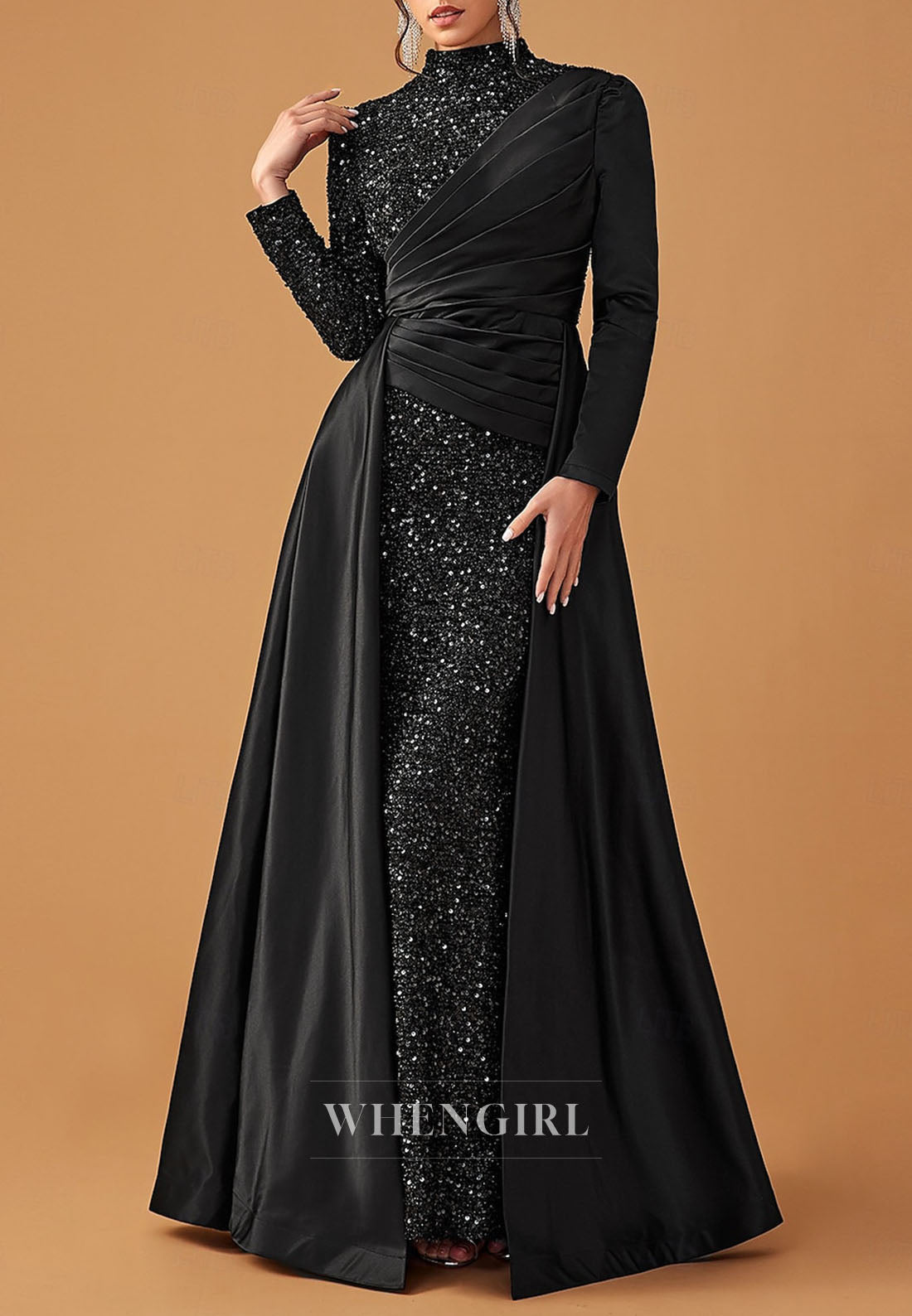 Sheath High Neck Long Sleeves Beaded Floor Length Mother of the Bride Dress
