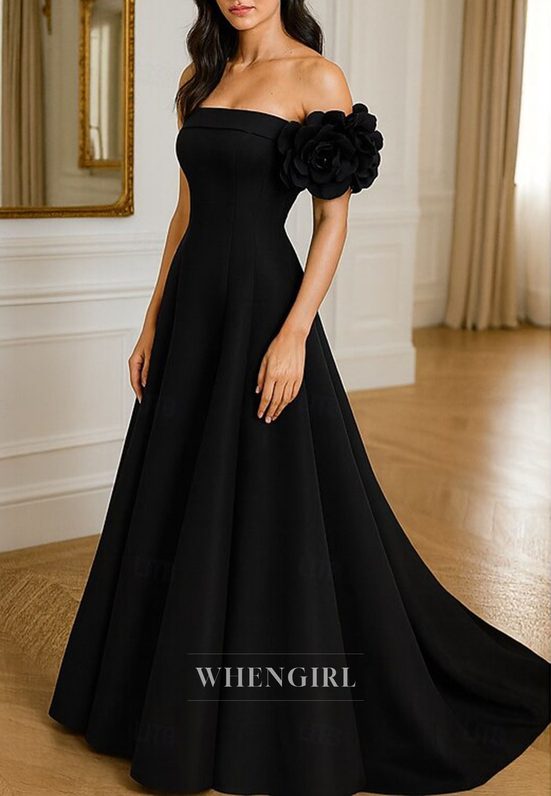 A-Line Off Shoulder Flower Sweep Train Mother of the Bride Dress