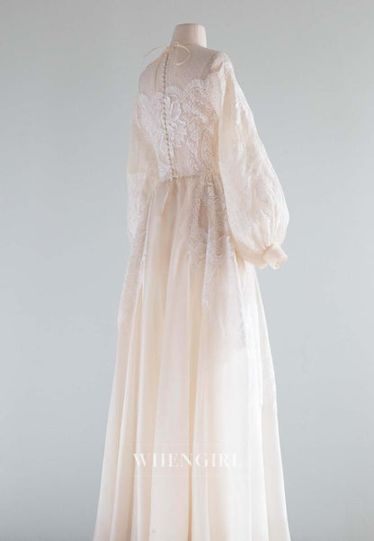 A-Line Illusion Neck Long Puff Sleeves Appliqued Lace Vintage Wedding Dress