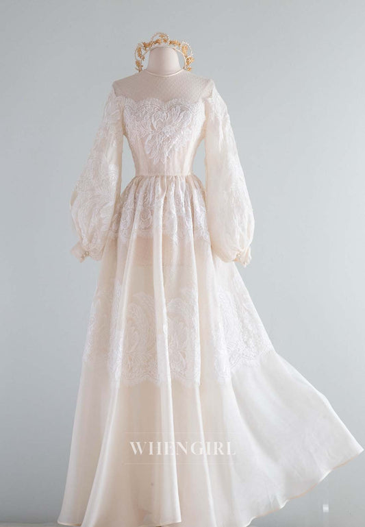 A-Line Illusion Neck Long Puff Sleeves Appliqued Lace Vintage Wedding Dress