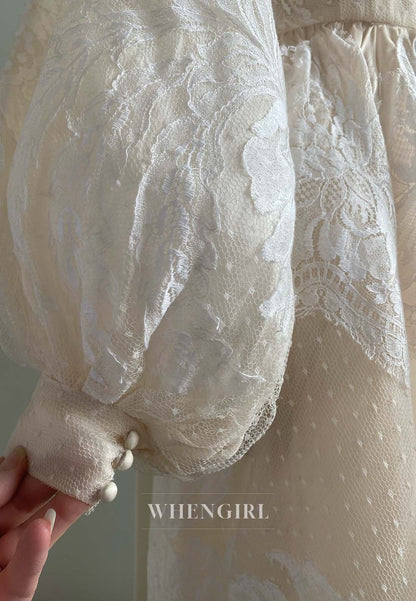 A-Line Illusion Neck Long Puff Sleeves Appliqued Lace Vintage Wedding Dress