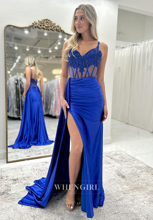 Glamorous Empire Waist Sweetheart Straps Beaded Satin Formal Prom Dress with Appliques