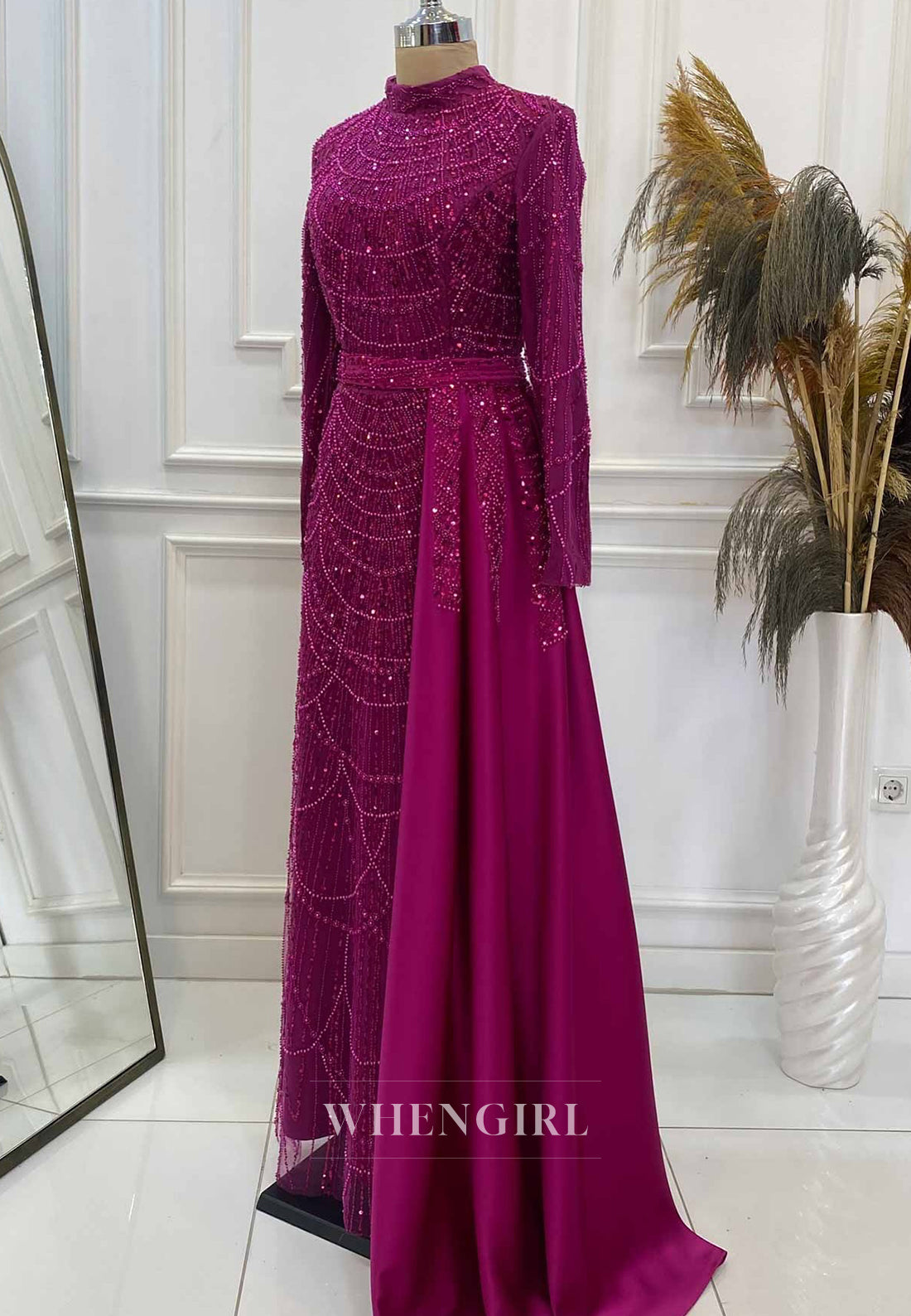 Orchid High Neck Long Sleeves Beaded Back Zipper Sheath Evening Formal Gown