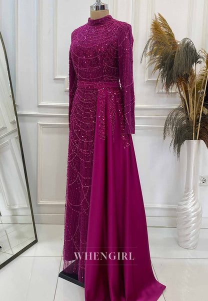 Orchid High Neck Long Sleeves Beaded Back Zipper Sheath Evening Formal Gown