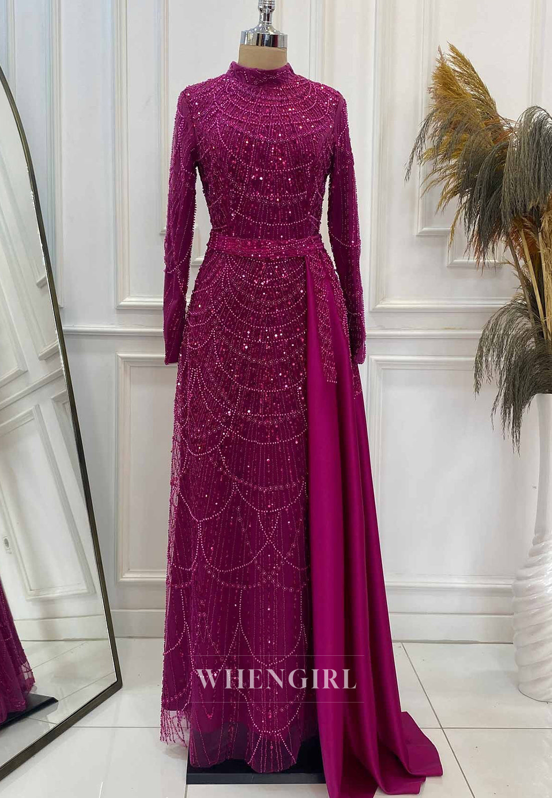 Orchid High Neck Long Sleeves Beaded Back Zipper Sheath Evening Formal Gown