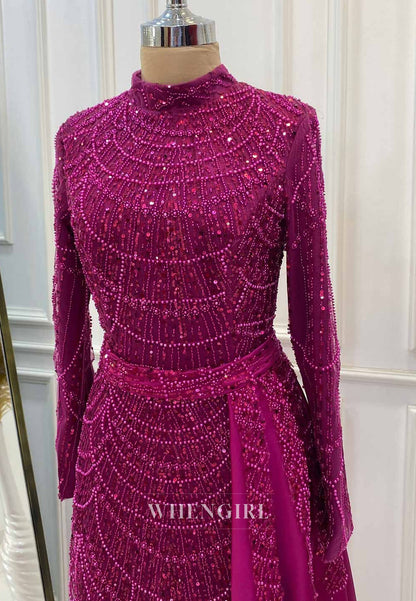 Orchid High Neck Long Sleeves Beaded Back Zipper Sheath Evening Formal Gown