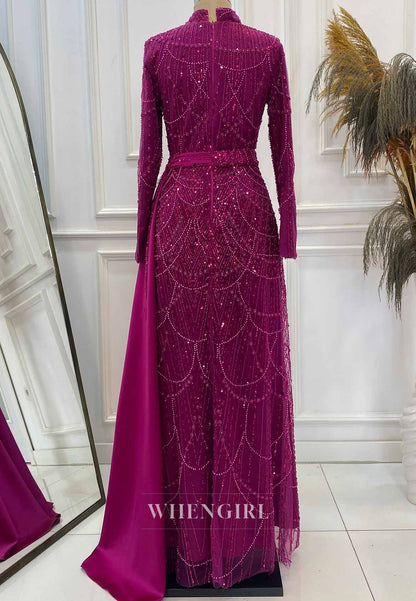 Orchid High Neck Long Sleeves Beaded Back Zipper Sheath Evening Formal Gown