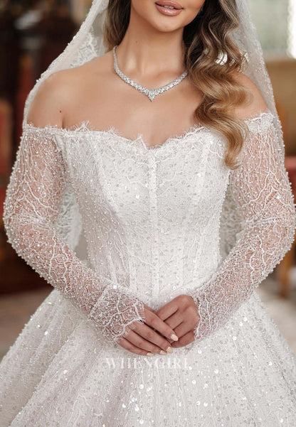 Off Shoulder Long Sleeves Beaded Court Train Appliqued Lace A-Line Wedding Dress