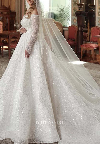 Off Shoulder Long Sleeves Beaded Court Train Appliqued Lace A-Line Wedding Dress