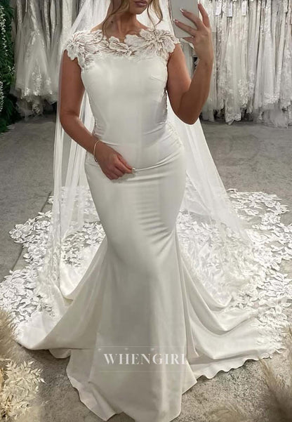 Sleeveless Asymmetrical Neck Appliqued Lace Button Mermaid Wedding Dress
