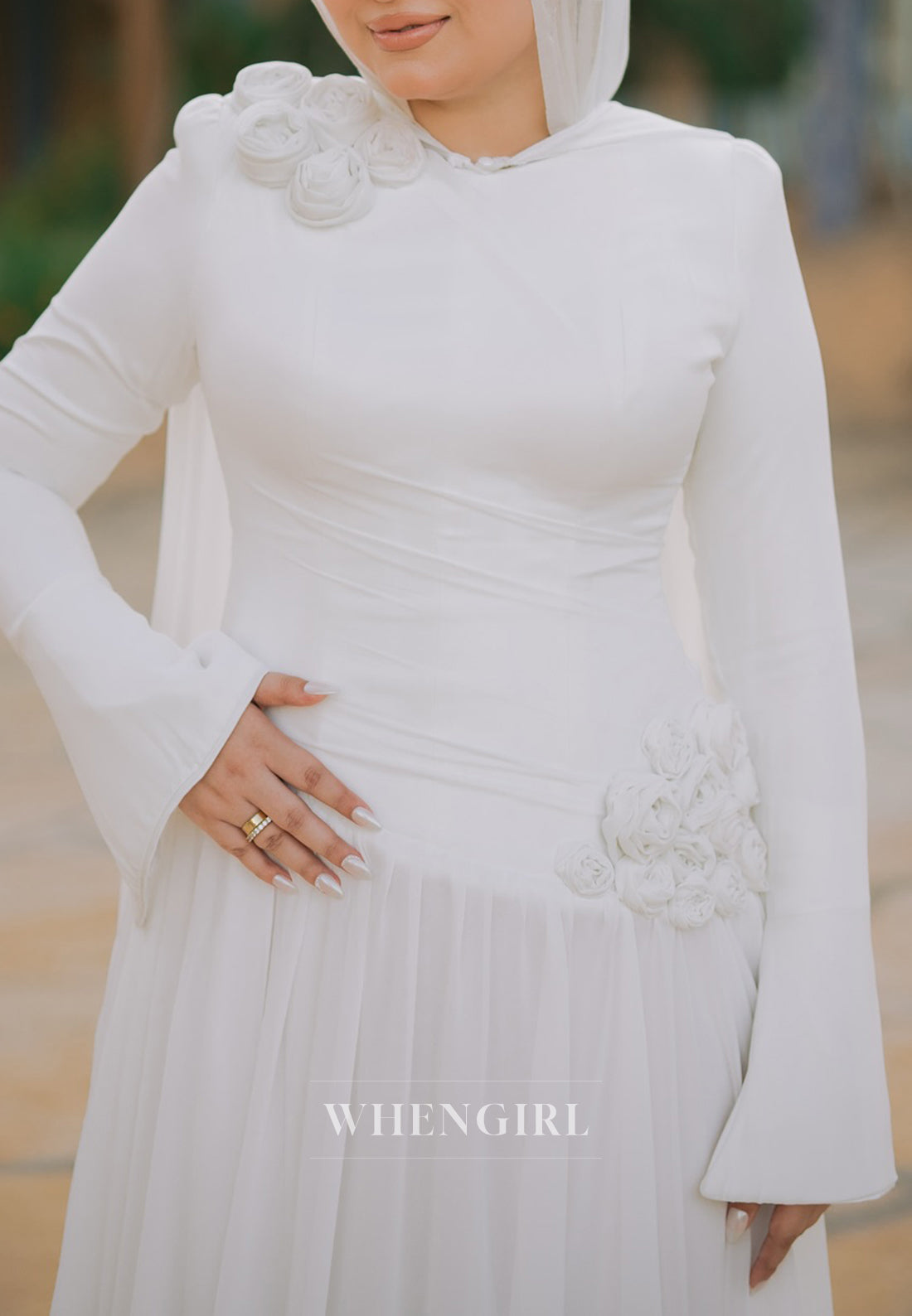 A-Line Bateau Neck Long Sleeves 3D Flowers Beach Wedding Dress