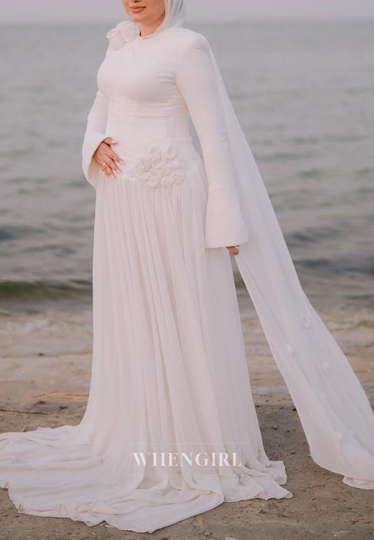 A-Line Bateau Neck Long Sleeves 3D Flowers Beach Wedding Dress