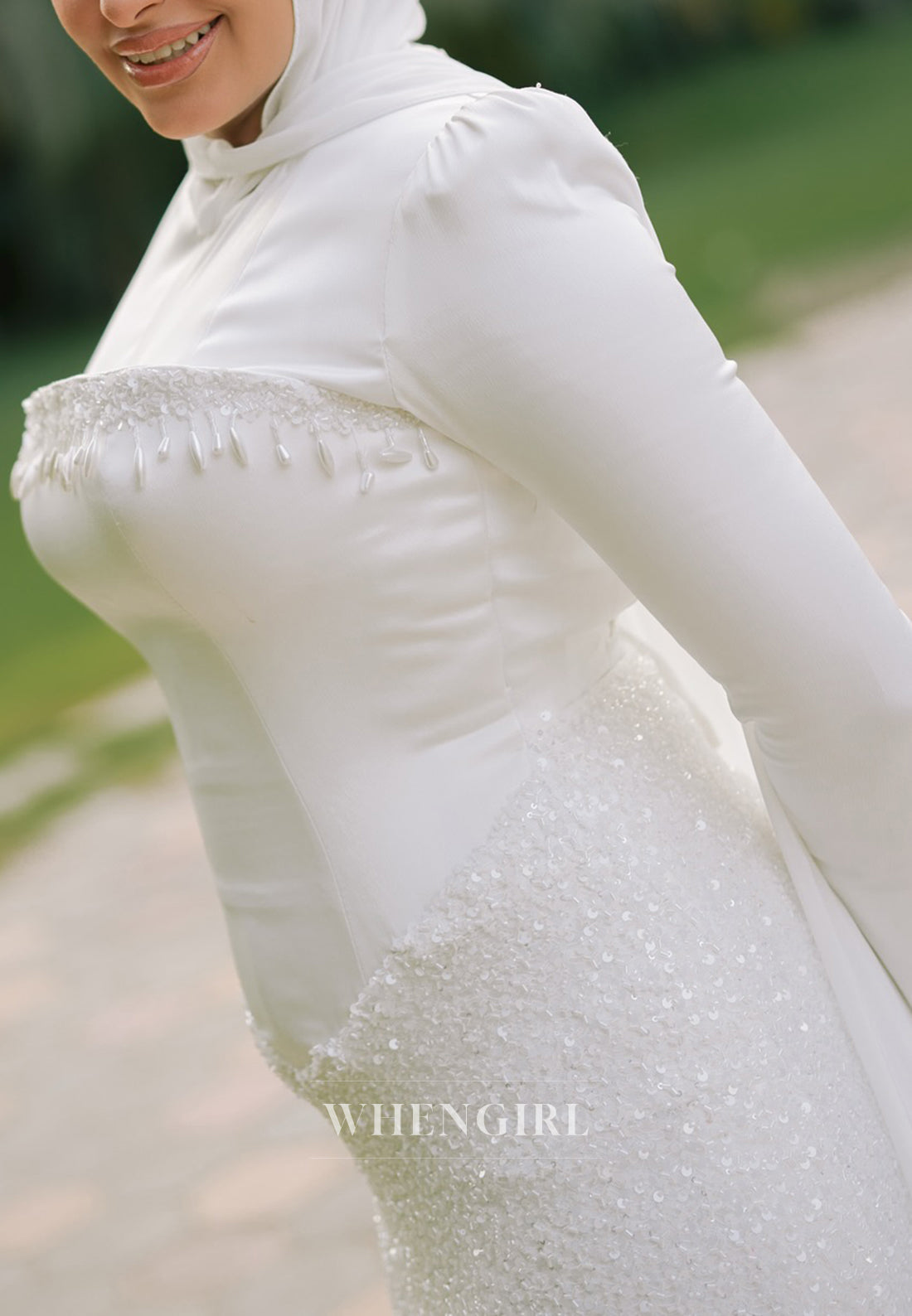 Column Bateau Neck Long Sleeves Sequins Beading Wedding Dress