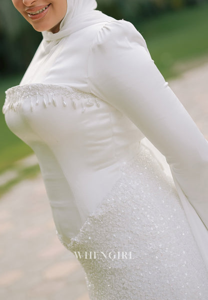 Column Bateau Neck Long Sleeves Sequins Beading Wedding Dress