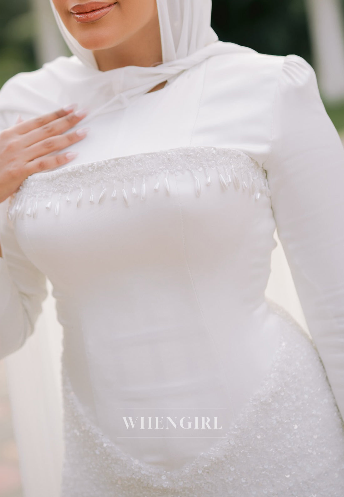 Column Bateau Neck Long Sleeves Sequins Beading Wedding Dress