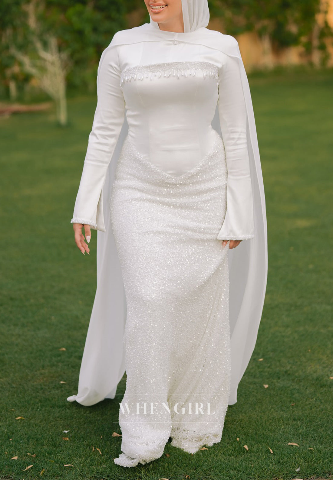 Column Bateau Neck Long Sleeves Sequins Beading Wedding Dress