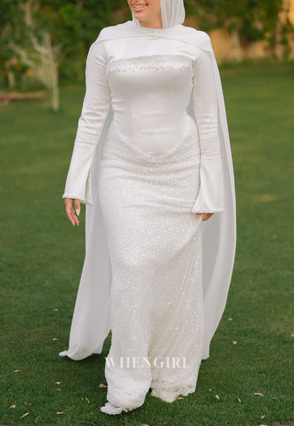Column Bateau Neck Long Sleeves Sequins Beading Wedding Dress