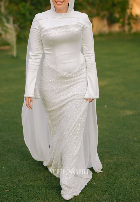 Column Bateau Neck Long Sleeves Sequins Beading Wedding Dress