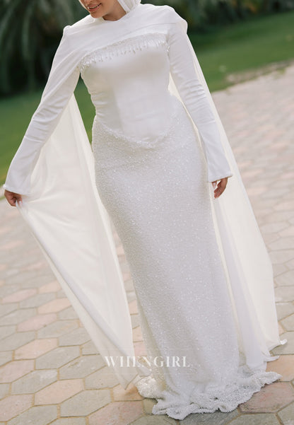 Column Bateau Neck Long Sleeves Sequins Beading Wedding Dress